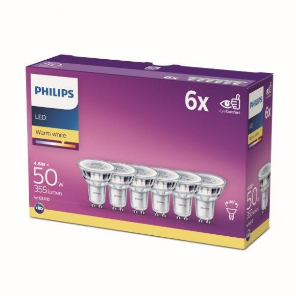 Philips 8718696586013 LED izzókészlet 6x4,6W-50W | GU10 | 355lm | 2700K - 6db-os készlet