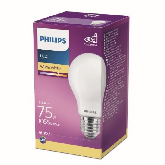 Philips 8718696705551 LED izzó 1x8,5W | E27 | 1055lm | 2700K - fehér, matt fehér, EyeComfort