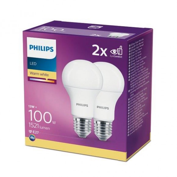 Philips 8718699669430 2x LED izzó 1x13W|E27|2700K - double pack, EYECOMFORT