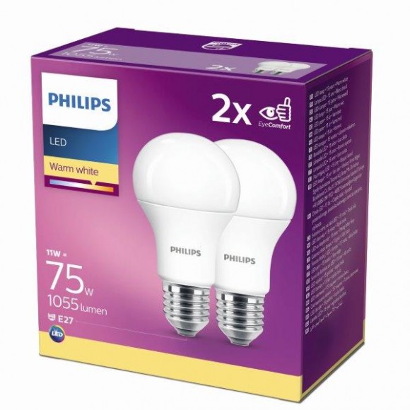Philips 8718699726973 2x LED izzó 1x11W|E27|2700K - double pack, EYECOMFORT