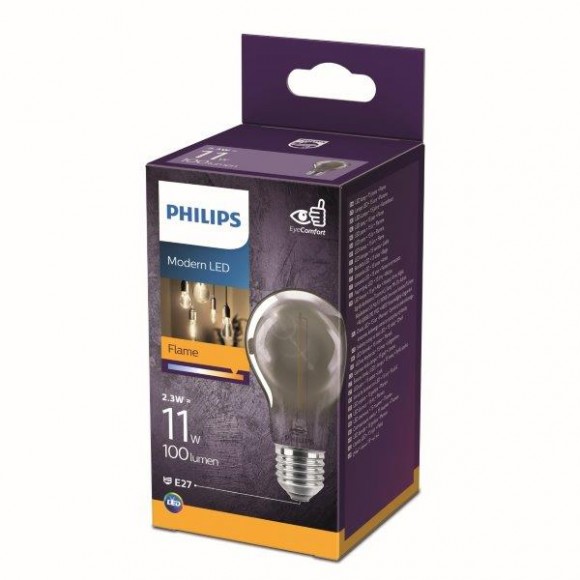 Philips 8718699759636 LED izzó 1x2,3W | E27 | 100 lm | 1800K - láng, füstüveg, EyeComfort