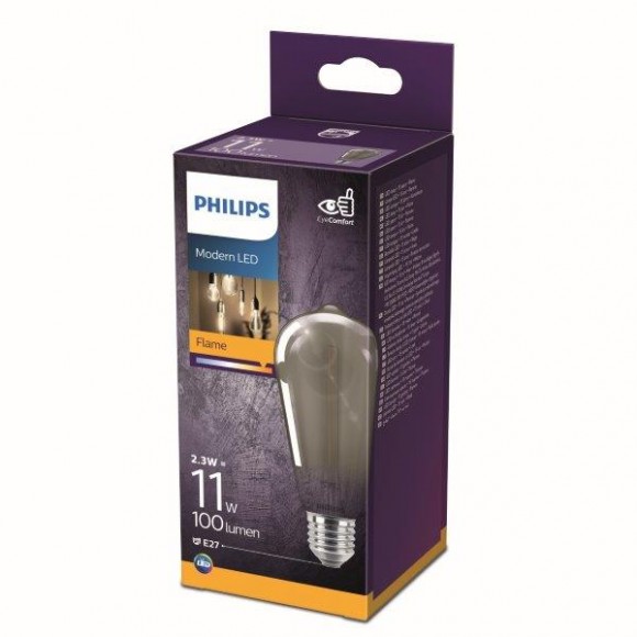 Philips 8718699759650 LED izzó 1x2,3W | E27 | 100 lm | 1800K - láng, füstüveg, EyeComfort