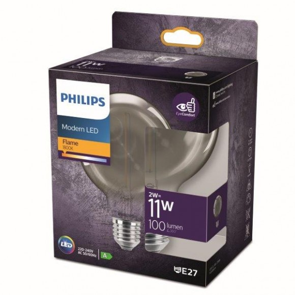 Philips 8718699759698 LED izzó 1x2W | E27 | 100 lm | 1800K - láng, füstüveg, EyeComfort