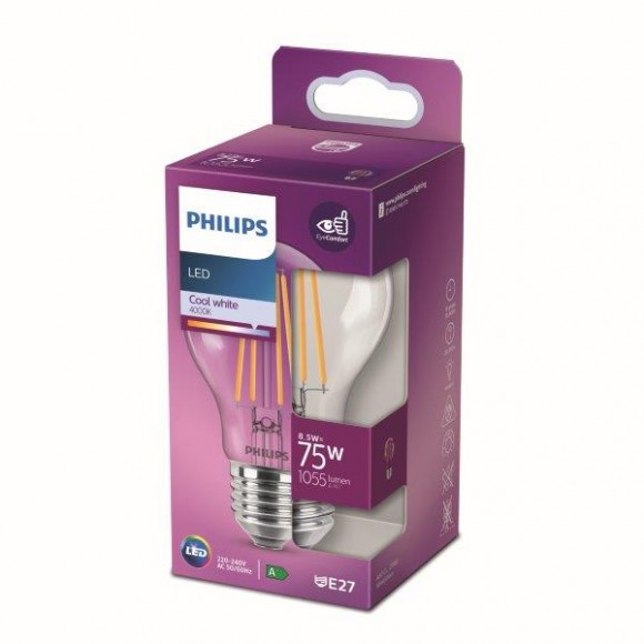 Philips 8718699762032 LED izzó 1x8,5W | E27 | 1055lm | 4000K - hidegfehér, átlátszó, EyeComfort