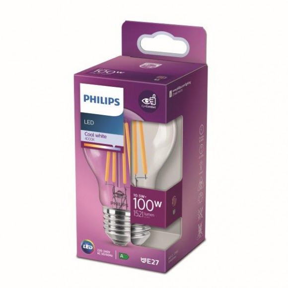 Philips 8718699762070 LED izzó 1x10,5W | E27 | 1521lm | 4000K - hidegfehér, átlátszó, EyeComfort