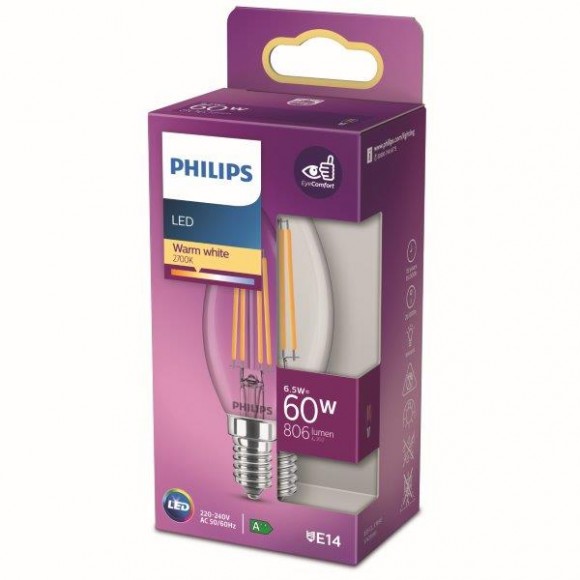 Philips 8718699762193 LED izzó 1x6,5W | E14 | 806lm | 2700K - melegfehér, átlátszó, EyeComfort