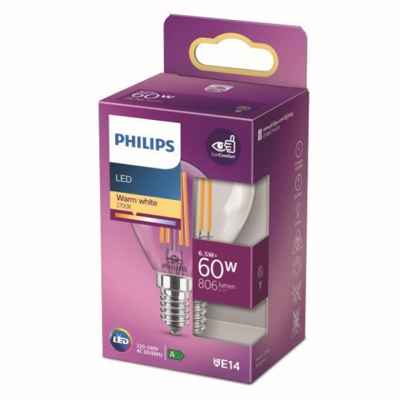 Philips 8718699762292 LED izzó 1x6,5W | E14 | 806lm | 2700K - melegfehér, átlátszó, EyeComfort