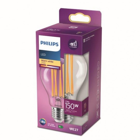 Philips 8718699762377 LED izzó 1x17W | E27 | 2452lm | 2700K - melegfehér, átlátszó, EyeComfort