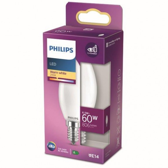 Philips 8718699762698 LED izzó 1x6,5W | E14 | 806lm | 2700K - melegfehér, matt fehér, EyeComfort
