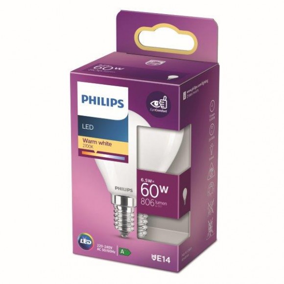 Philips 8718699762834 LED izzó 1x6,5W | E14 | 806lm | 2700K - melegfehér, matt fehér, EyeComfort
