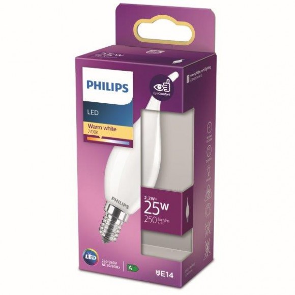 Philips 8718699762933 LED izzó 1x2,2W | E14 | 250 lm | 2700K - melegfehér, matt fehér, EyeComfort