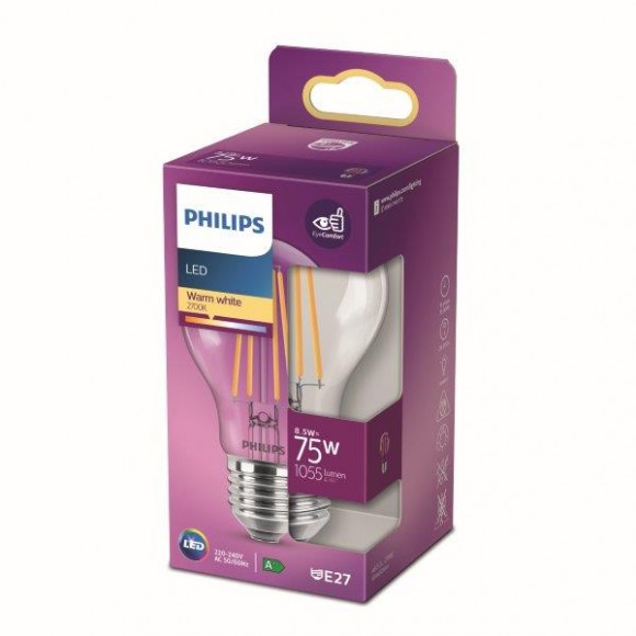Philips 8718699762995 LED izzó 1x8,5W | E27 | 1055lm | 2700K - melegfehér, átlátszó, EyeComfort