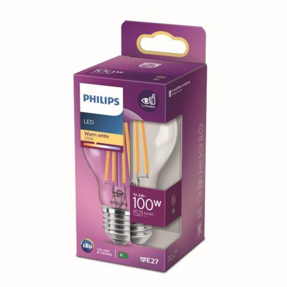 Philips 8718699763015 LED izzó 1x10,5W | E27 | 1521lm | 2700K - melegfehér, átlátszó, EyeComfort