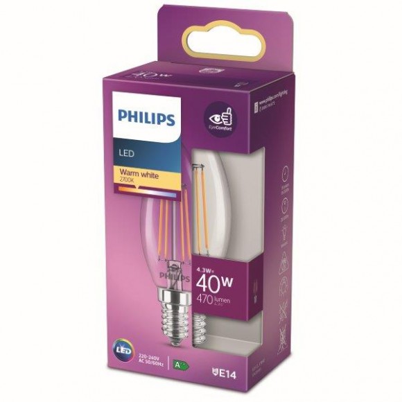 Philips 8718699763077 LED izzó 1x4,3W | E14 | 470lm | 2700K - melegfehér, átlátszó, EyeComfort
