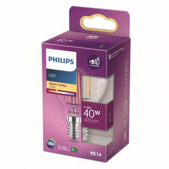 Philips 8718699763152 1x4,3W LED izzó | E14 | 470lm | 2700K - melegfehér, átlátszó, EyeComfort