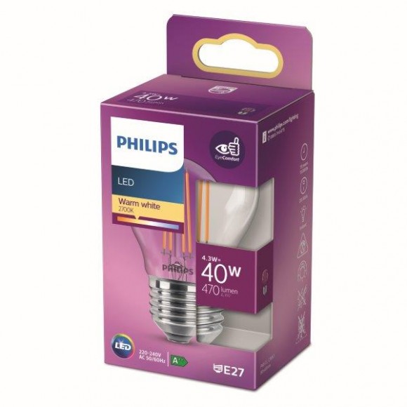 Philips 8718699763176 1x4,3W LED izzó | E27 | 470lm | 2700K - melegfehér, átlátszó, EyeComfort