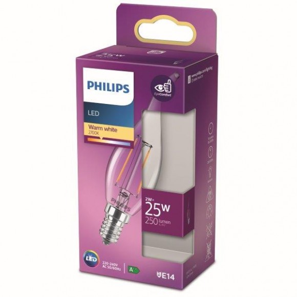 Philips 8718699763190 LED izzó 1x2W | E14 | 250 lm | 2700K - melegfehér, átlátszó, EyeComfort