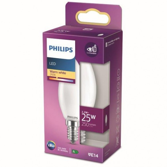 Philips 8718699763374 LED izzó 1x2,2W | E14 | 250 lm | 2700K - melegfehér, matt fehér, EyeComfort