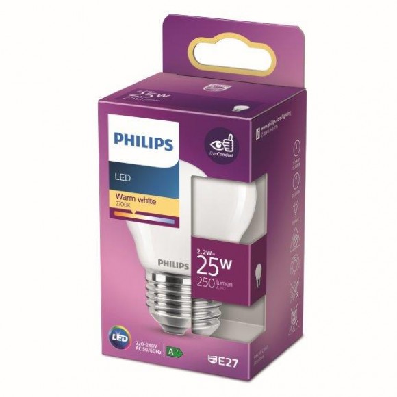 Philips 8718699763459 LED izzó 1x2,2W | E27 | 250 lm | 2700K - melegfehér, matt fehér, EyeComfort