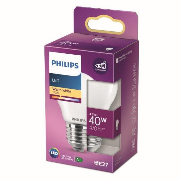 Philips 8718699763473 LED izzó 1x4,3W | E27 | 470lm | 2700K - melegfehér, matt fehér, EyeComfort