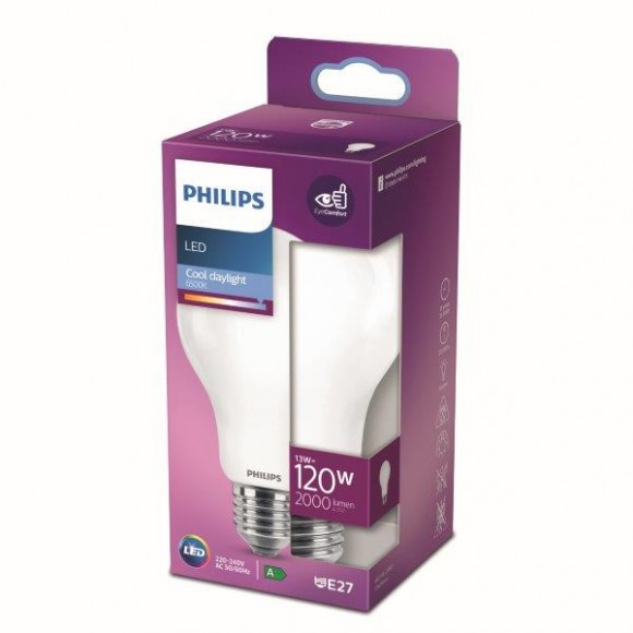 Philips 8718699764555 LED izzó 1x13W | E27 | 2000 lm | 6500K - hideg nappali fény, matt fehér, EyeComfort