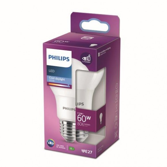 Philips 8718699769321 LED izzó 1x7,5W | E27 | 806lm | 6500K - hideg nappali fény, matt fehér, EyeComfort