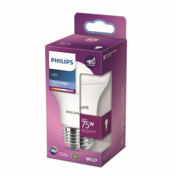 Philips 8718699769369 LED izzó 1x10W | E27 | 1055lm | 6500K - hideg nappali fény, matt fehér, EyeComfort