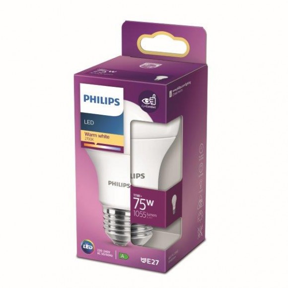 Philips 8718699769703 LED izzó 1x11W | E27 | 1055lm | 2700K - melegfehér, matt fehér, EyeComfort