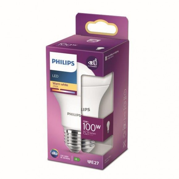 Philips 8718699769765 LED izzó 1x13W | E27 | 1521lm | 2700K - melegfehér, matt fehér, EyeComfort