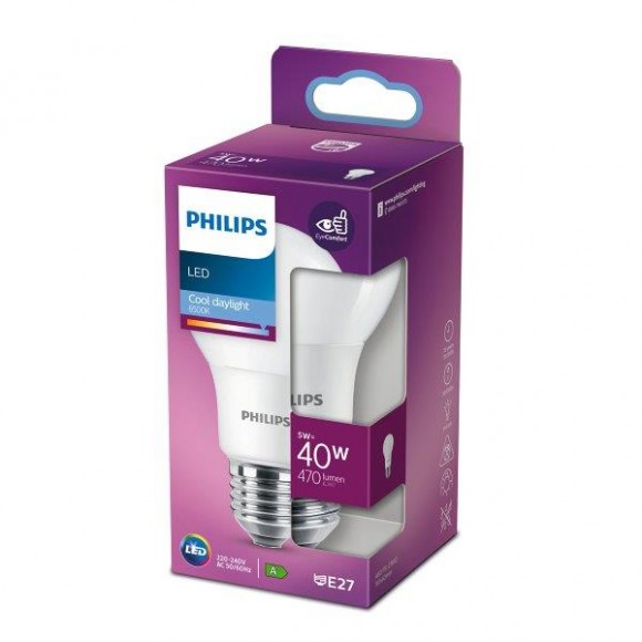 Philips 8718699769901 LED izzó 1x5W | E27 | 470lm | 6500K - hideg nappali fény, matt fehér, EyeComfort