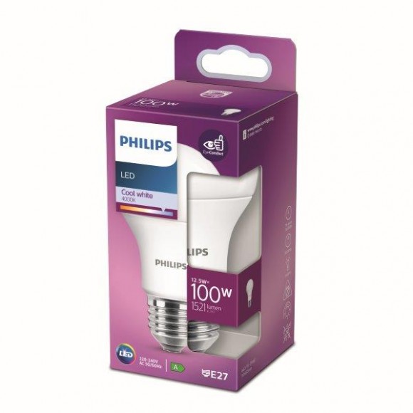Philips 8718699769925 LED izzó 1x12,5W | E27 | 1521lm | 4000K - hidegfehér, matt fehér, EyeComfort