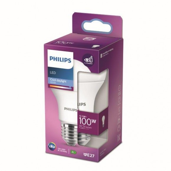 Philips 8718699769963 LED izzó 1x12.5w | E27 | 1521lm | 6500K - hidegfehér, matt fehér, Eycomfort