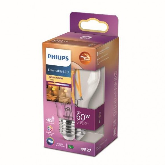 Philips 8718699770402 LED izzó 1x7W | E27 | 806lm | 2200-2700K - Warm Glow, szabályozható, átlátszó, EyeComfort