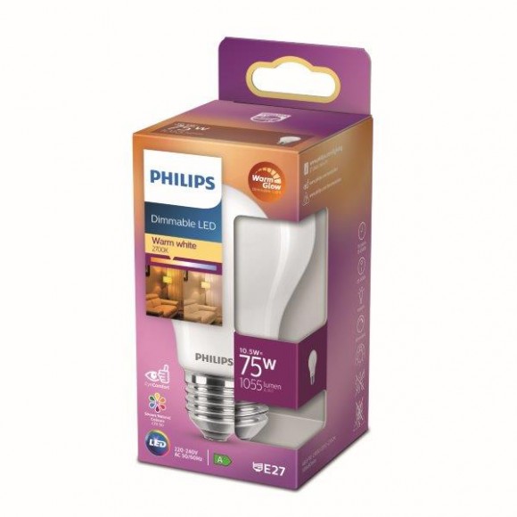Philips 8718699770921 LED izzó 1x10,5W | E27 | 1055lm | 2200-2700K - Warm Glow, szabályozható, matt fehér, EyeComfort