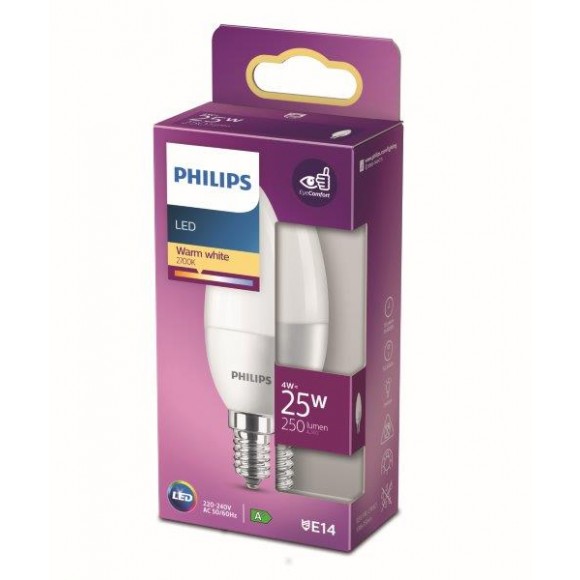 Philips 8718699771751 1x4W LED izzó | E27 | 250 lm | 2700K - melegfehér, matt fehér, EyeComfort