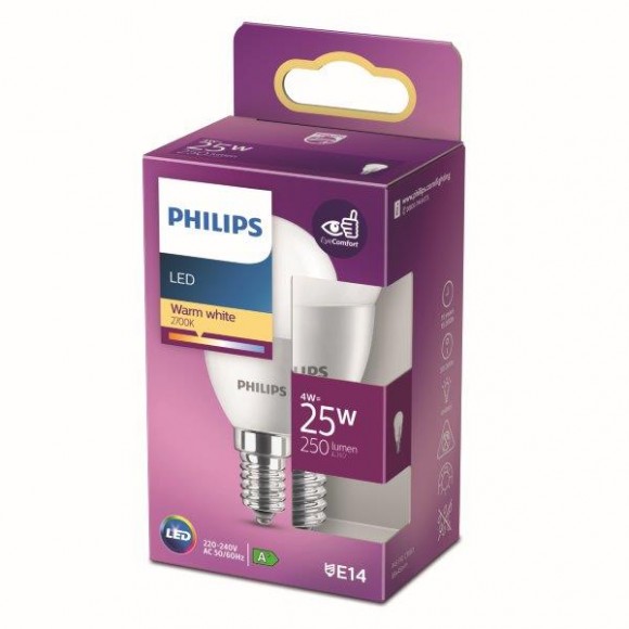 Philips 8718699771737 LED izzó 1x4w | E14 | 250lm | 2700K - melegfehér, matt fehér, Eycomfort