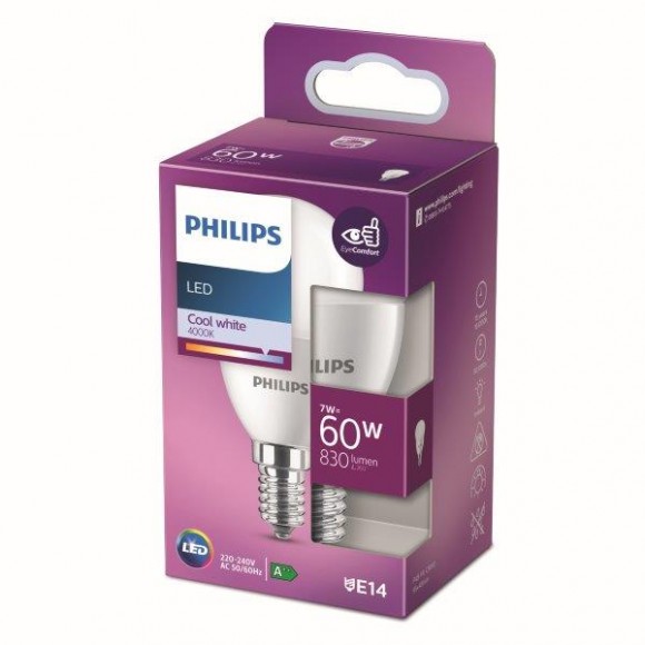 Philips 8718699771911 LED izzó 1x1,7W | E27 | 830lm | 4000K - hidegfehér, matt fehér, EyeComfort