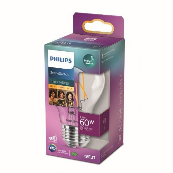 Philips 8718699772154 LED izzó 1x5/2,5/1W | E14 | 470lm | 2200K-2500-2700K - 3 fénymód, átlátszó, Eyecomfort