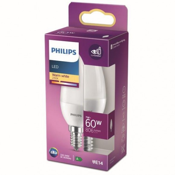 Philips 8718699772239 LED izzó 1x7W | E14 | 806lm | 2700K - melegfehér, matt fehér, Eyecomfort