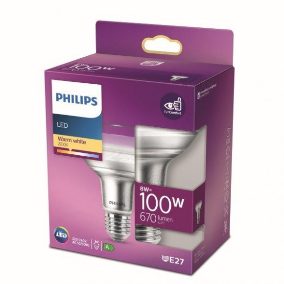 Philips 8718699773878 LED izzó 1x8W | E27 | 670lm | 2700K - melegfehér, Eyecomfort