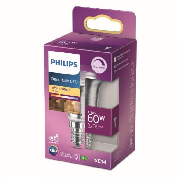 Philips 8718699774219 LED izzó 1x4,3W | E14 | 320lm | 2700K - melegfehér, szabályozható, Eyecomfort