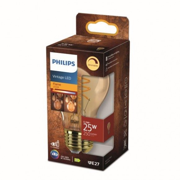 Philips 8718699774837 LED izzó 1x5,5W | E27 | 250 lm | 2000K - láng, szabályozható, borostyánsárga, Eyecomfort
