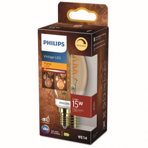 Philips 8718699774936 LED izzó 1x3,5W | E14 | 136lm | 2000K - láng, szabályozható, borostyánsárga, Eyecomfort