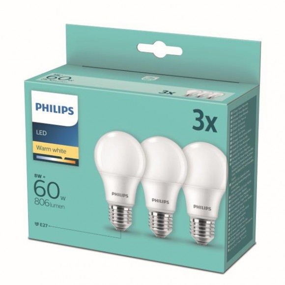Philips 8718699775490 LED izzókészlet 3x8W-60W | E27 | 806lm | 2700K - 3 db-os készlet, fehér