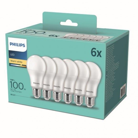 Philips 8718699775568 LED izzókészlet 6x13W-100W | E27 | 1521lm | 2700K - 6 db-os készlet, fehér