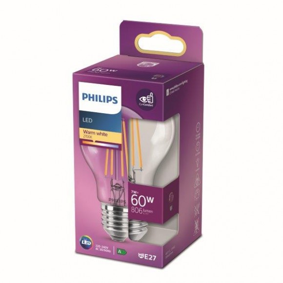 Philips 8718699777579 LED izzó 1x7W | E27 | 806lm | 2700K - melegfehér, átlátszó, Eyecomfort