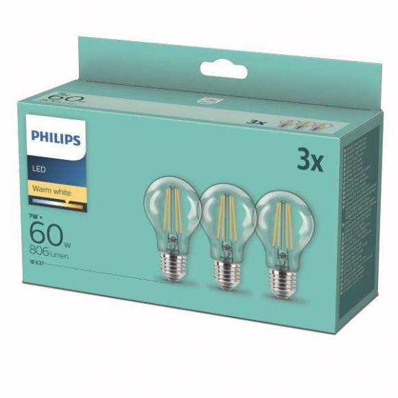 Philips 8718699777777 LED izzókészlet 3x7W-60W | E27 | 806lm | 2700K - 3 db-os készlet, átlátszó