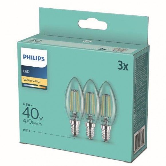 Philips 8718699777791 LED-es izzókészlet 3x4,3W-40W | E14 | 470lm | 2700K - 3 db-os készlet, gyertya alakú, átlátszó