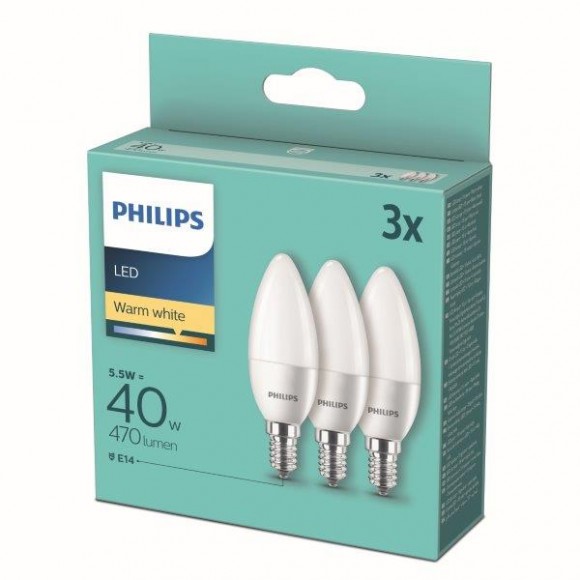 Philips 8718699777814 LED izzókészlet 3x5,5W-40W | E14 | 470lm | 2700K - 3 db-os készlet, gyertya, fehér