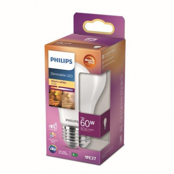 Philips 8718699780111 LED izzó 1x7W | E27 | 806lm | 2200K - Warm Glow, szabályozható, matt fehér, Eyecomfort